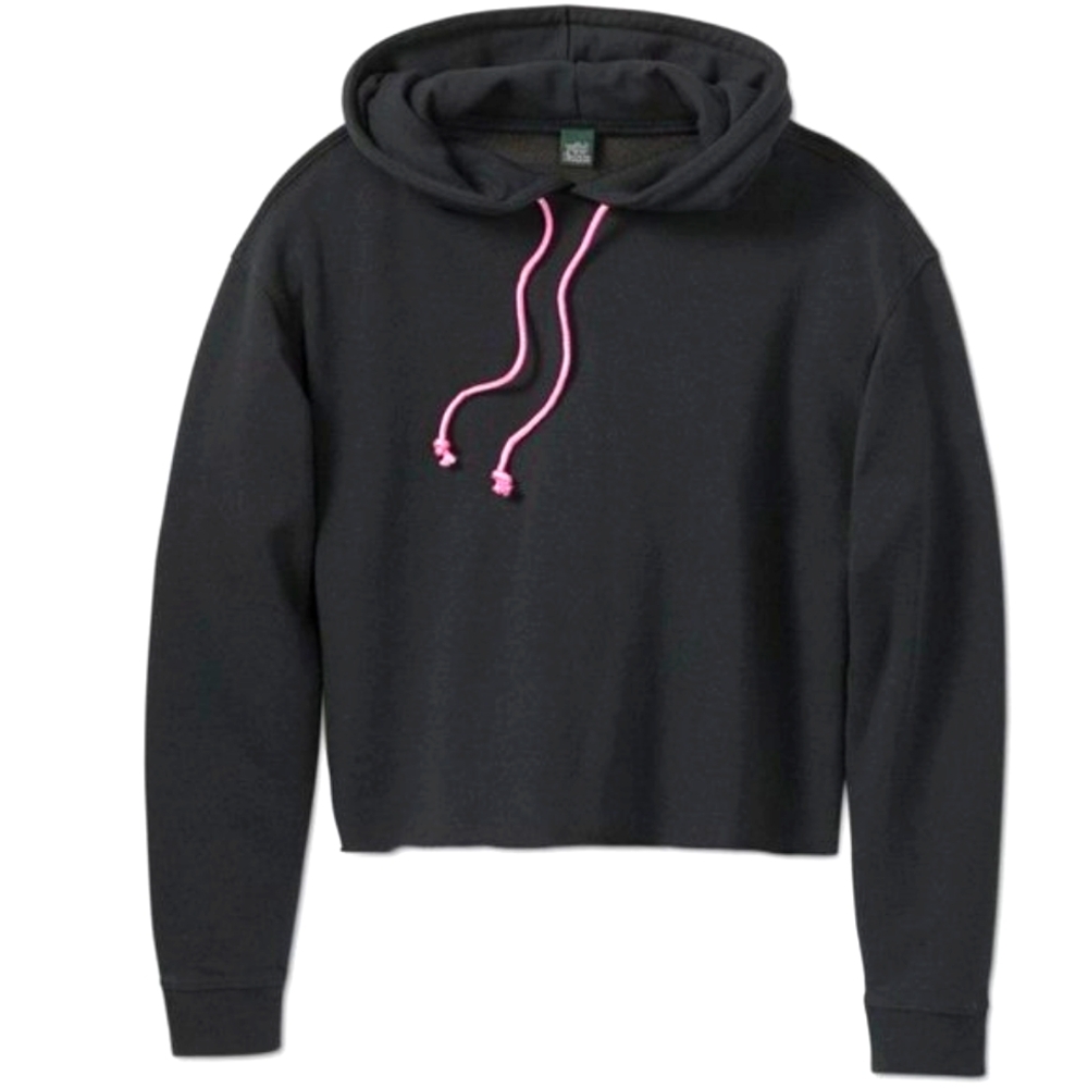 Wild Fable Women's Black Cropped Hoodie with Contrasting Pink Drawstring, Size M - Picture 1 of 4